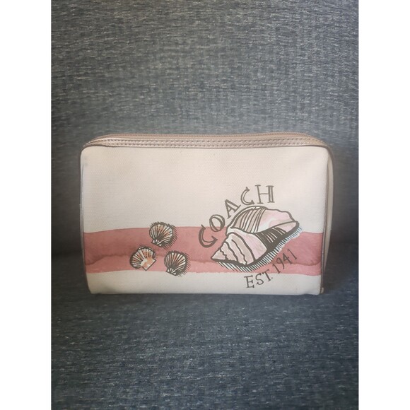 Coach Canvas Cosmetic Pouch Bag Pink Seashells & Conch Shell Bronze Trim - Picture 1 of 11